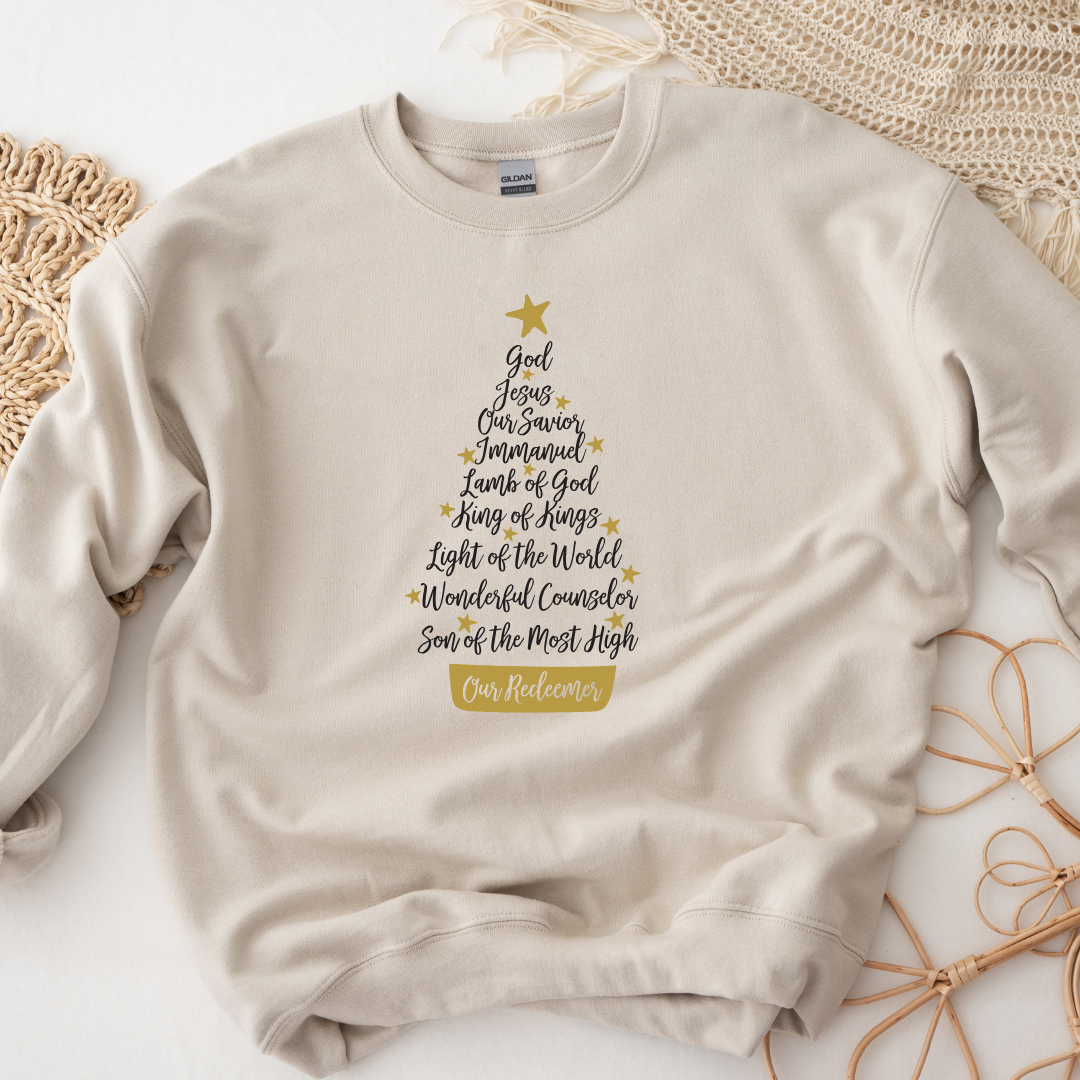 God, Jesus, Our Savior.... Our Redeemer Christian Christmas Tree Design Sweatshirt