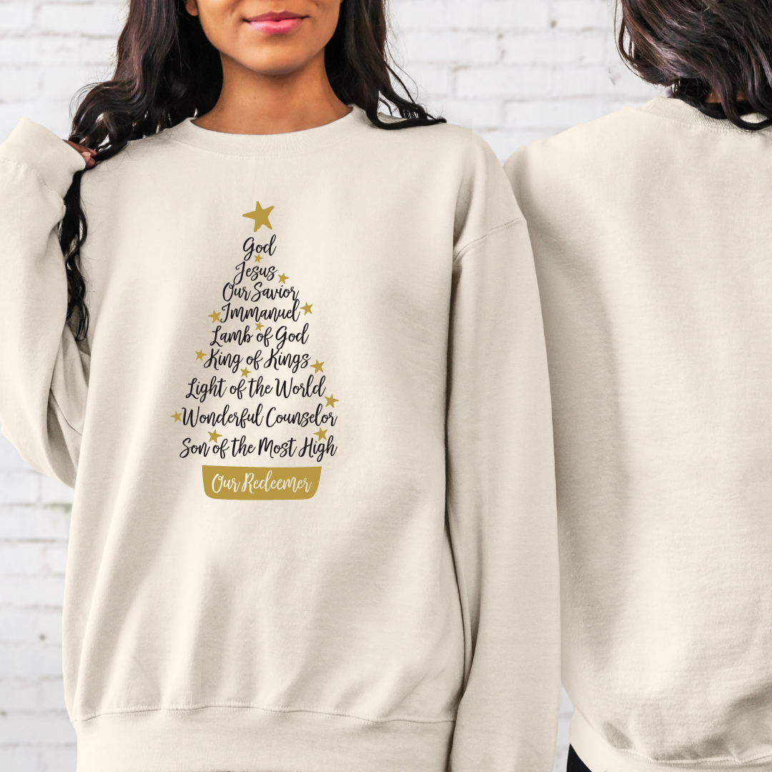 God, Jesus, Our Savior.... Our Redeemer Christian Christmas Tree Design Sweatshirt