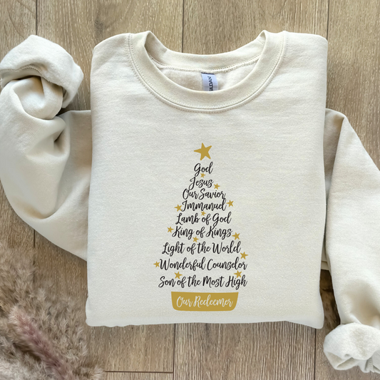 God, Jesus, Our Savior.... Our Redeemer Christian Christmas Tree Design Sweatshirt